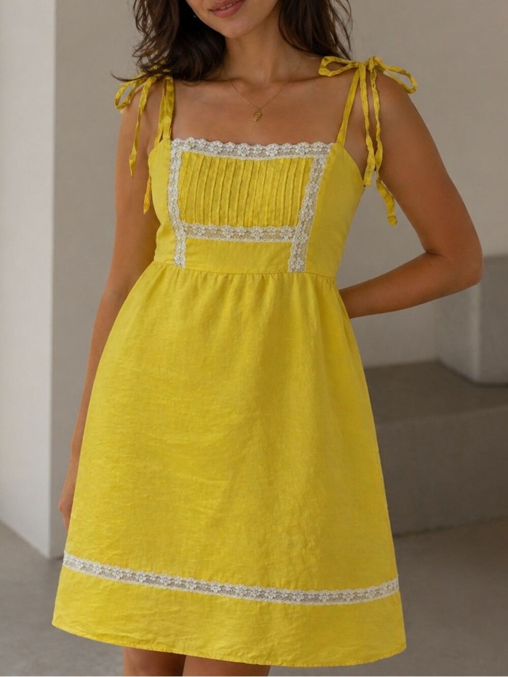 Reformation Women’s Square Neck Yellow Lace Tie Strap Sundress Mini Dress Rare